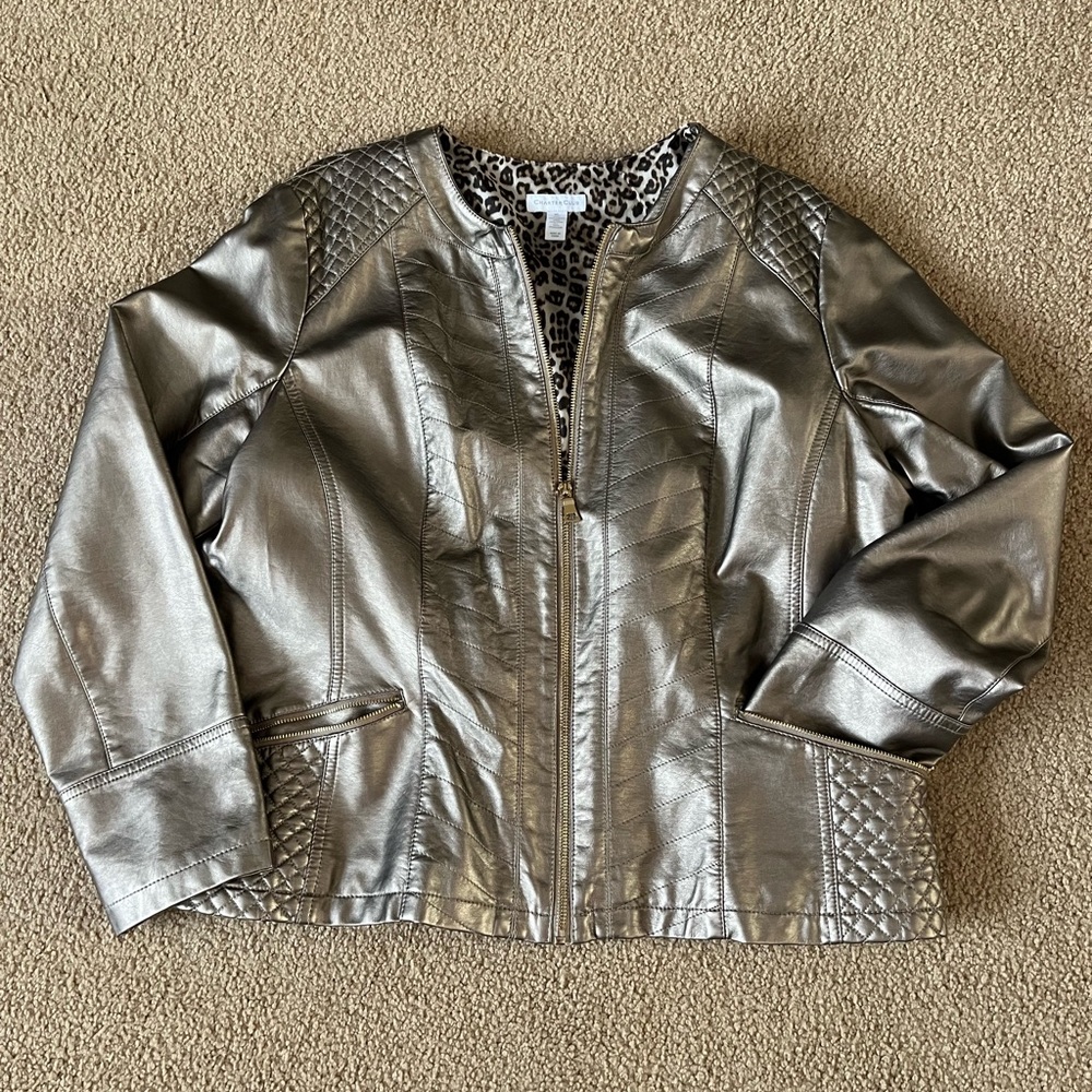 Metallic tan colored blazer/jacket. Non Leather Length shoulder to hem 24”.